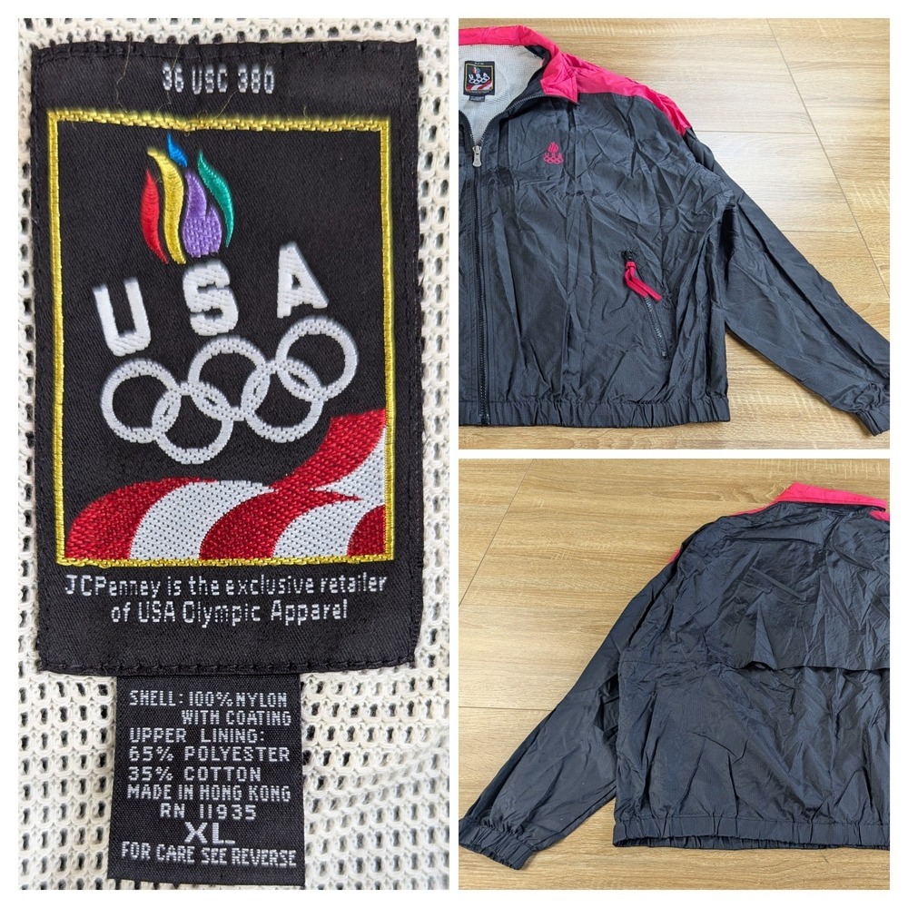 VTG 90s USA Olympics Windbreaker Jacket -XL- Black Pink Nylon JCPenney 36USC380
